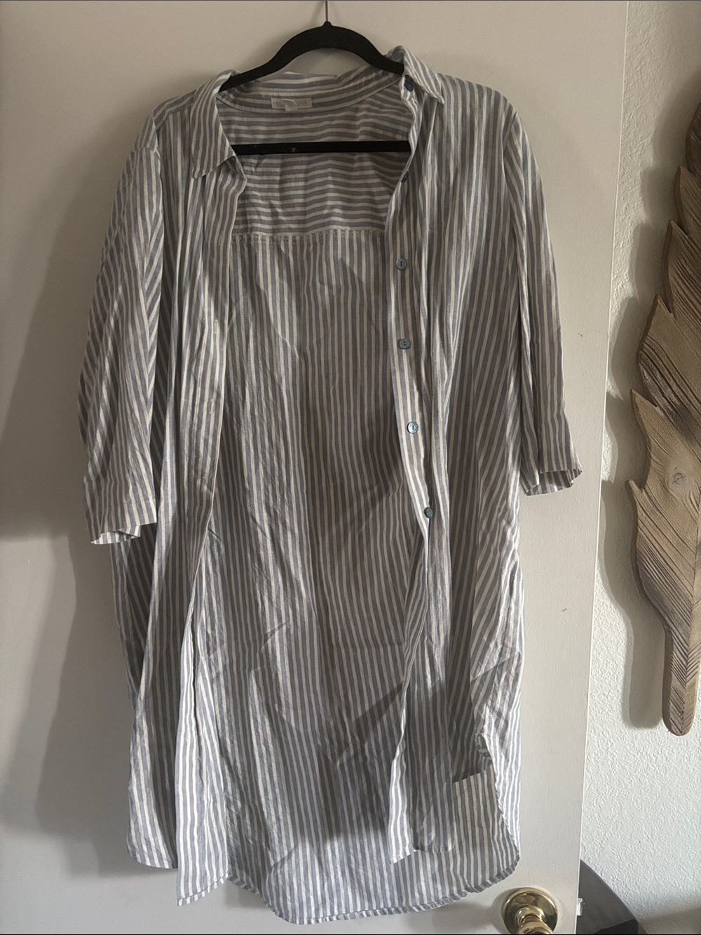 Eileen Fisher Light Blue and White Vertical Stripe Shirt Dress